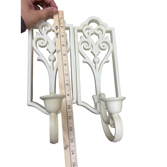 Vintage Homco Ivory Wall Candle Sconces Pair Baroque Scroll Design Plastic 13" - Picture 5 of 6